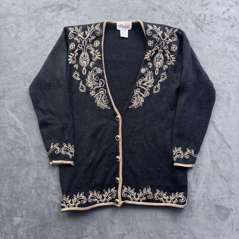 Jaclyn Smith Petite Vintage Black Gold Metallic Beaded Cardigan Sweater Medium